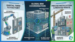 digital twin and BIM coordination enabling prefabrication fit accurate installation and reduced construction waste through seamless data integration and planning