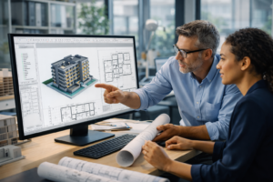 BIM modeling services with Revit collaboration for construction planning showing architectural design coordination and 3D building model