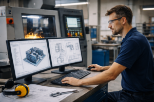 CNC programming outsourcing and CAD 3D modeling services for fabrication engineer working on precision drafting and manufacturing workflow