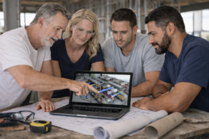 MEP BIM coordination and construction drafting outsourcing team reviewing building design plans and digital fabrication workflow