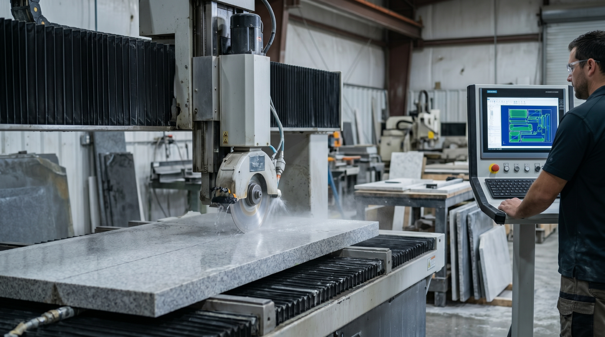 An operator monitoring an automated CNC bridge saw machine cutting through a large granite slab in a fabrication workshop.