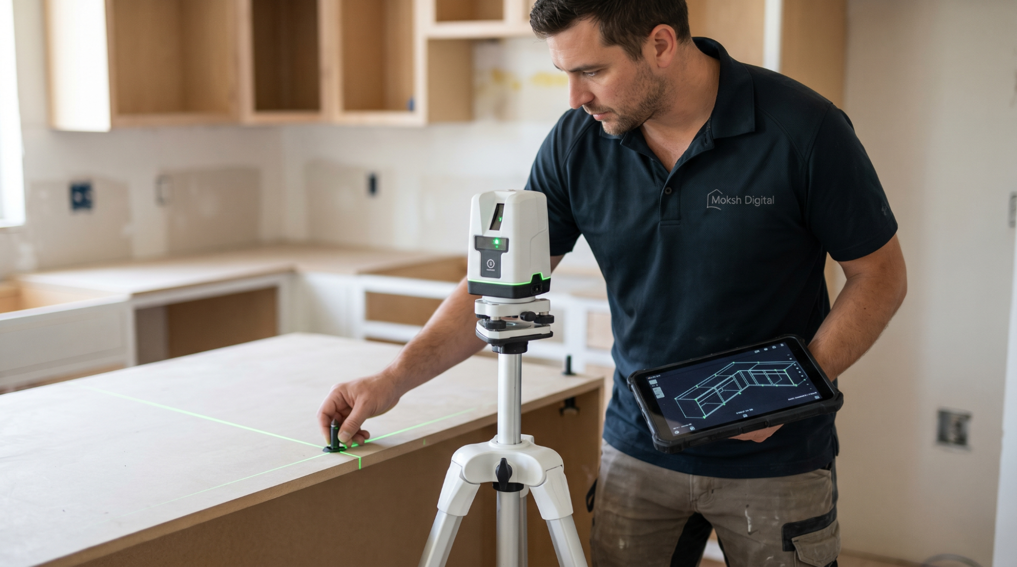 A technician using a laser digital templator on a tripod to measure a kitchen island countertop while holding a tablet showing a 3D blueprint.